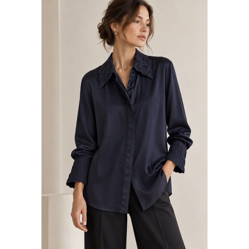 COS Regular-Fit Embroidered-Collar Shirt Sz 10 Blue Satin Quiet Luxury Relaxed